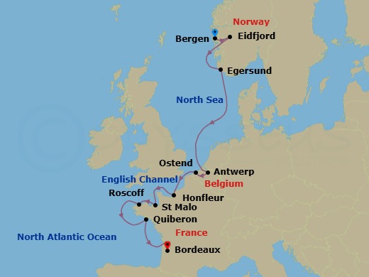 11 Night - From the Norwegian Fjords to the Bay of Biscay - Le Champlain - Starting in Bergen, Eidfjord, Sailing in the Hardangerfjord, Egersund, Antwerp, Ostend, Honfleur, Saint-malo, Roscoff, Quiberon, Sailing in the Gironde Estuary, Bordeaux itinerary map