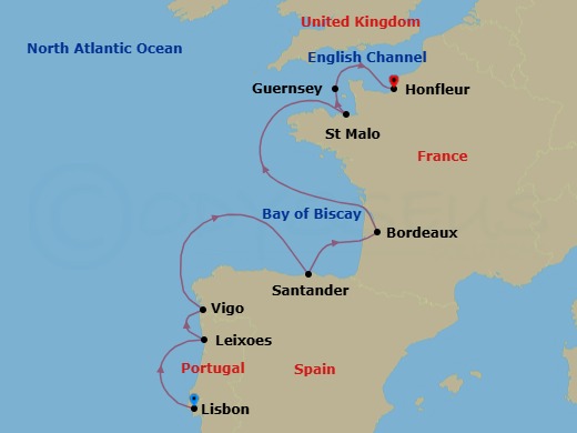 10 Night - The Iberian Peninsula and Fortified Cities of the Atlantic - Le Champlain - Starting in Lisbon, Leixoes / Porto, Vigo / Santiago de Compostela, Santander, Bordeaux, Saint-malo, Crossing the Raz Blanchard, Guernsey, Channel Islands, Honfleur itinerary map