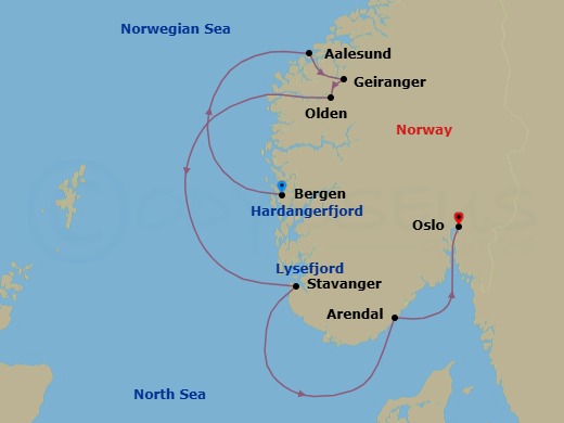 8 Night - Norwegian Fjords - Le Champlain - Starting in Bergen, Alesund, Geiranger, Norway, Olden, Sailing in the Hardangerfjord, Sailing in Lysefjorden, Stavanger, Arendal, Oslo itinerary map