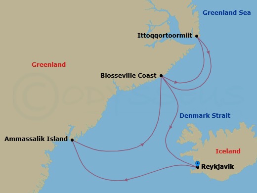 10 Night - Northeast Greenland's Unexplored Sea Ice - Le Commandant Charcot - Starting in Reykjavik, Ammassalik Region, Exploring the Blosseville Coast, Exploration of Ittoqqortoormiit Region, Exploring the Blosseville Coast, Reykjavik itinerary map