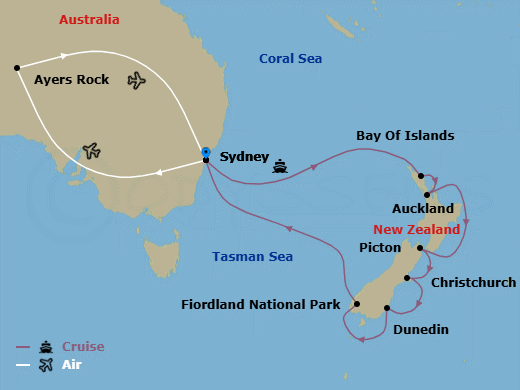 20 Night - Australian Outback - Tour 3G - Royal Princess Tours - Starting in Sydney AU, Uluru (Ayers Rock), Australia, Sydney AU, Bay of Islands, New Zealand, Auckland, New Zealand, Picton, New Zealand, Christchurch (Lyttelton), New Zealand, Dunedin (Port Chalmers), New Zealand, Fiordland National Park (Scenic Cruising), Sydney AU itinerary map