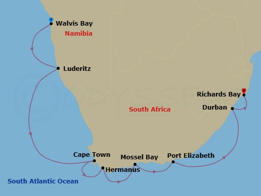 11 Night - Namibian & South African Coastlines - Le Dumont-d'Urville - Starting in Walvis Bay, Luderitz, Cape Town, Hermanus, Mossel Bay, Port Elizabeth ZA, Durban, Richards Bay itinerary map