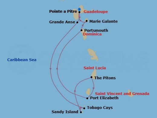 7 Night - Gliding the Waters of the Windward Islands - Le Ponant - Starting in Pointe-a-Pitre, Grande Anse dArlet, Tobago Cays, Sandy Island, Carriacou, Sailing along the Pitons, Port Elizabeth VC, Bequia Island, Portsmouth DM, Marie-Galante, Pointe-a-Pitre itinerary map