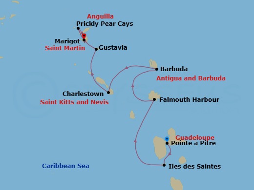 7 Night - History and Culture Visiting Caribbean Jewels - Le Ponant - Starting in Pointe-a-Pitre, Les Saintes, Falmouth Bay, Barbuda, Charlestown, Nevis, Gustavia, Prickley Pear Cays, Marigot itinerary map