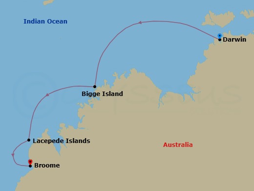 10 Night - Solar Eclipse Over Western Australia : Sailing the Kimberley Coast - with Smithsonian Journeys - Le Jacques Cartier - Starting in Darwin, Bigge Island, Swift Bay, Hunter River, Careening Bay, Collier Bay, Lacepede Islands, Broome itinerary map