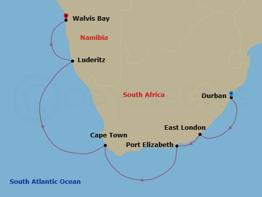 10 Night - South Africa and Namibia by Sea : Around the Cape of Good Hope - with Smithsonian Journeys - Le Dumont-d'Urville - Starting in Durban, East London, Port Elizabeth ZA, Cape Town, Luderitz, Walvis Bay itinerary map