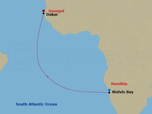 12 Night - Ocean Voyage : Walvis Bay - Dakar - Le Dumont-d'Urville - Starting in Walvis Bay, Dakar itinerary map
