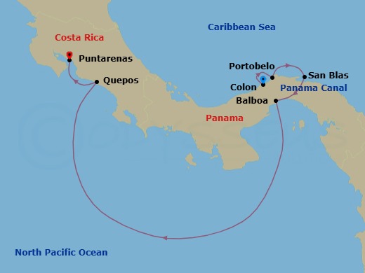 7 Night - Panama and Costa Rica by Sea : the Natural Wonders of Central America - with Smithsonian Journeys - Le Bougainville - Starting in Colon, Portobelo, San Blas Islands, Crossing the Panama Canal, Balboa, Quepos, Puntarenas itinerary map
