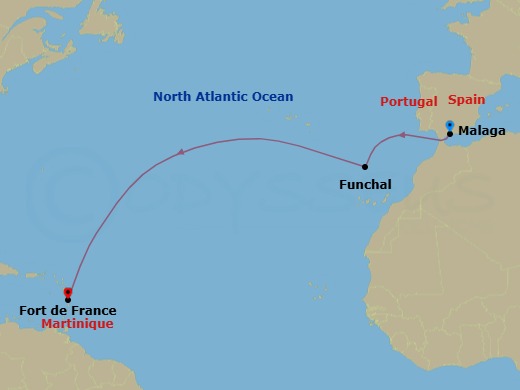 12 Night - Ocean Voyage : Malaga - Fort De France - Le Bougainville - Starting in Malaga, Funchal, Madeira, Fort-de-France itinerary map