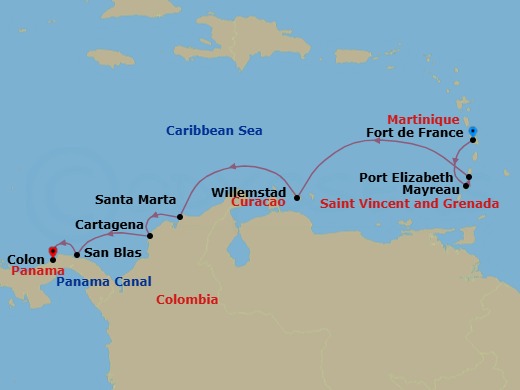 9 Night - Panama, Colombia & Caribbean Islands - Le Bellot - Starting in Fort-de-France, Mayreau Island, Port Elizabeth VC, Bequia Island, Willemstad AN, Santa Marta, Cartagena CO, San Blas Islands, Colon itinerary map