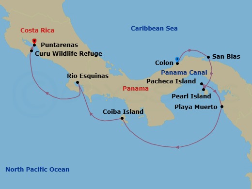 10 Night - Secrets of Central America - Le Bellot - Starting in Colon, Fort San Lorenzo (Colon), San Blas Islands, Crossing the Panama Canal, Pearls Islands, Pacheca Island, Playa Muerto, Darien National Park, Coiba Island, Rio Esquinas, Drake Bay, Curu Wildlife Refuge, Puntarenas itinerary map
