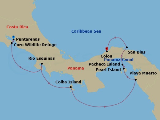 10 Night - Secrets of Central America - Le Bellot - Starting in Puntarenas, Curu Wildlife Refuge, Drake Bay, Rio Esquinas, Coiba Island, Playa Muerto, Darien National Park, Pearls Islands, Pacheca Island, Crossing the Panama Canal, San Blas Islands, Fort San Lorenzo (Colon), Colon itinerary map