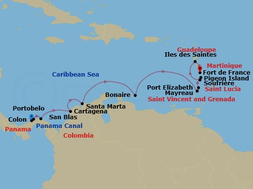 12 Night - Panama, Colombia & Caribbean Islands - Le Bellot - Starting in Colon, Portobelo, San Blas Islands, Cartagena CO, Santa Marta, Bonaire, Mayreau Island, Port Elizabeth VC, Bequia Island, Pigeon Island Beach, Soufriere, Les Saintes, Fort-de-France itinerary map