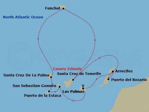 10 Night - Splendours of the Canaries and Authentic Madeira - Le Champlain - Starting in Las Palmas de Gran Canaria, Canary Islands, Arrecife de Lanzarote, Canary Islands, Puerto del Rosario, Canary Islands, Arrecife de Lanzarote, Canary Islands, Santa Cruz de Tenerife, Funchal, Madeira, Santa Cruz de La Palma, La Estaca, Canary Islands, San Sebastian de la Gomera, Canary Islands, Las Palmas de Gran Canaria, Canary Islands itinerary map