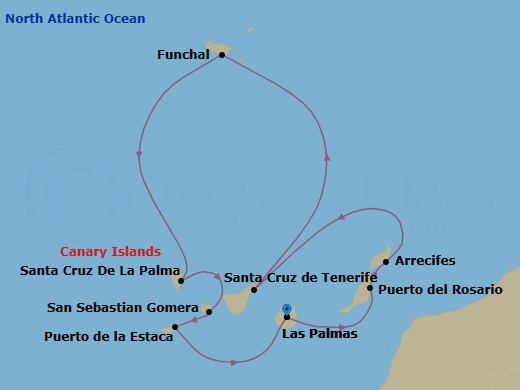 10 Night - Splendours of the Canaries and Authentic Madeira - Le Champlain - Starting in Las Palmas de Gran Canaria, Canary Islands, Puerto del Rosario, Canary Islands, Arrecife de Lanzarote, Canary Islands, Santa Cruz de Tenerife, Funchal, Madeira, Santa Cruz de La Palma, San Sebastian de la Gomera, Canary Islands, La Estaca, Canary Islands, Las Palmas de Gran Canaria, Canary Islands itinerary map