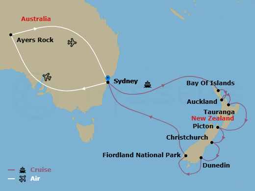 20 Night - Australian Outback - Tour 3F - Royal Princess Tours - Starting in Sydney AU, Uluru (Ayers Rock), Australia, Sydney AU, Bay of Islands, New Zealand, Auckland, New Zealand, Tauranga, New Zealand, Picton, New Zealand, Christchurch (Lyttelton), New Zealand, Dunedin (Port Chalmers), New Zealand, Fiordland National Park (Scenic Cruising), Sydney AU itinerary map