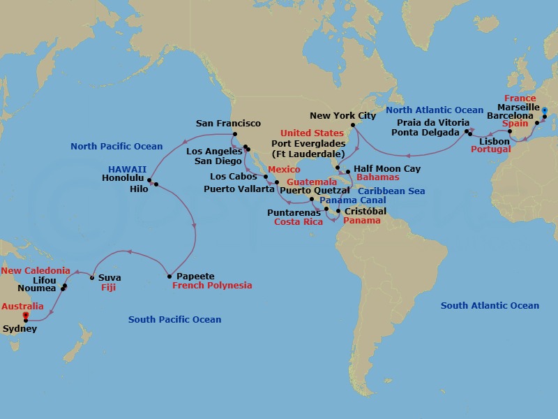 64 Night - Round World from Marseille - Costa Deliziosa - Starting in Marseille, Barcelona, Lisbon, Ponta Delgada (Azores), Praia da Vitoria (Azores), New York, Port Everglades, Half Moon Cay, Panama City, Puntarenas, Puerto Quetzal, Puerto Vallarta, Cabo San Lucas, San Diego, Los Angeles, San Francisco, Honolulu, Hilo, Papeete (Tahiti), Suva, Lifou (Loyalty Islands), Noumea, Sydney AU itinerary map