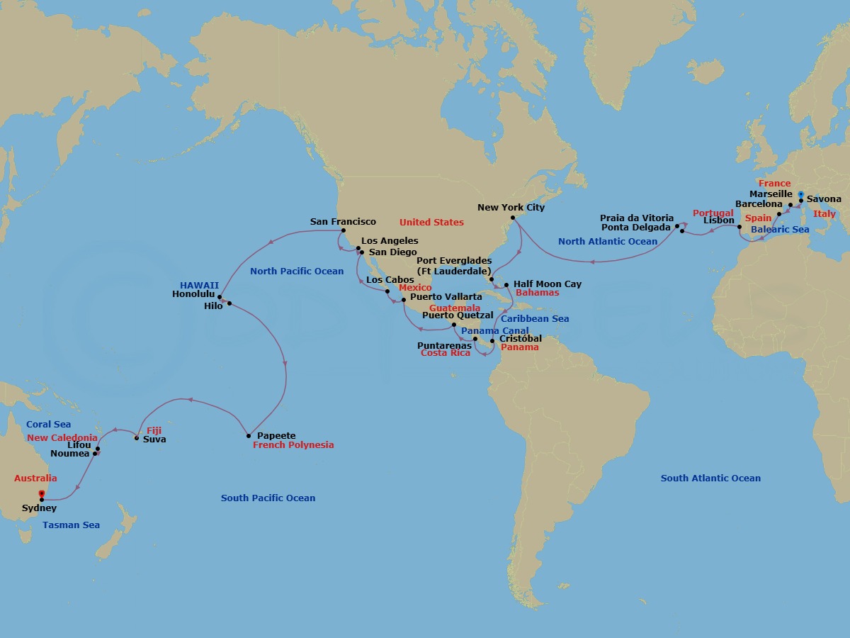 65 Night - Round World from Savona - Costa Deliziosa - Starting in Savona, Marseille, Barcelona, Lisbon, Ponta Delgada (Azores), Praia da Vitoria (Azores), New York, Port Everglades, Half Moon Cay, Panama City, Puntarenas, Puerto Quetzal, Puerto Vallarta, Cabo San Lucas, San Diego, Los Angeles, San Francisco, Honolulu, Hilo, Papeete (Tahiti), Suva, Lifou (Loyalty Islands), Noumea, Sydney AU itinerary map