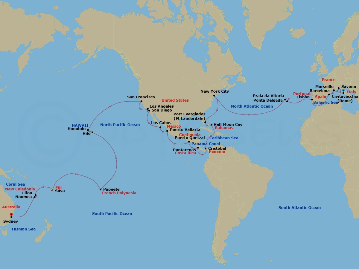 66 Night - Round World from Civitavecchia (Rome) - Costa Deliziosa - Starting in Civitavecchia (Rome), Savona, Marseille, Barcelona, Lisbon, Ponta Delgada (Azores), Praia da Vitoria (Azores), New York, Port Everglades, Half Moon Cay, Panama City, Puntarenas, Puerto Quetzal, Puerto Vallarta, Cabo San Lucas, San Diego, Los Angeles, San Francisco, Honolulu, Hilo, Papeete (Tahiti), Suva, Lifou (Loyalty Islands), Noumea, Sydney AU itinerary map