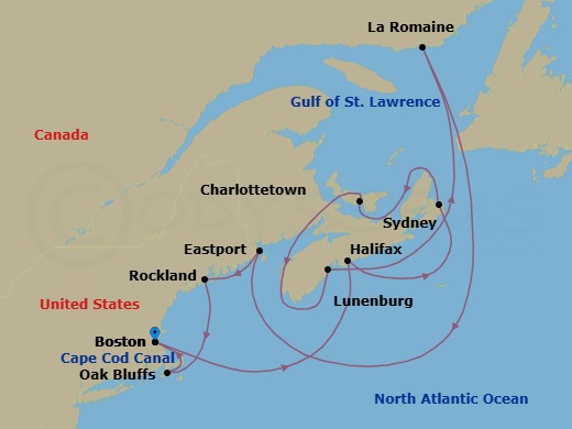 11 Night - Historic North American Shores - Le Bellot - Starting in Boston, Halifax, Sydney AU, Charlottetown, Lunenburg, Saint John NB, New Brunswick, Eastport, Rockland, Crossing the Cape Cod Canal, Oak Bluffs, Marthas Vineyard, Boston itinerary map