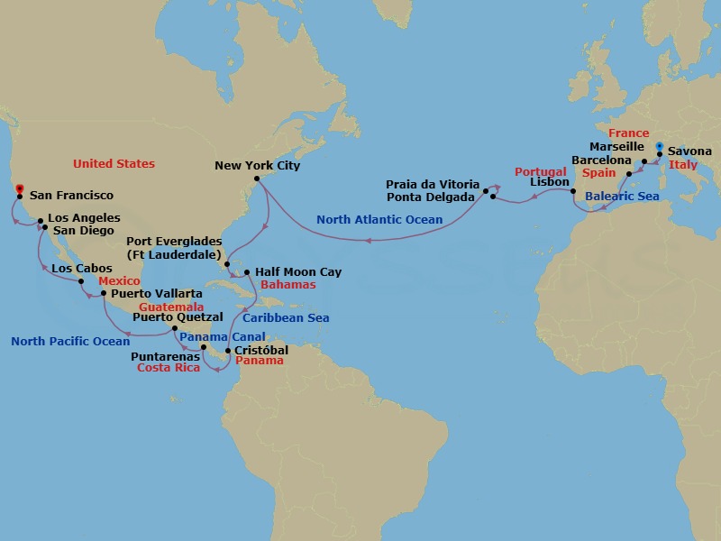 39 Night - Round World from Savona - Costa Deliziosa - Starting in Savona, Marseille, Barcelona, Lisbon, Ponta Delgada (Azores), Praia da Vitoria (Azores), New York, Port Everglades, Half Moon Cay, Panama City, Puntarenas, Puerto Quetzal, Puerto Vallarta, Cabo San Lucas, San Diego, Los Angeles, San Francisco itinerary map