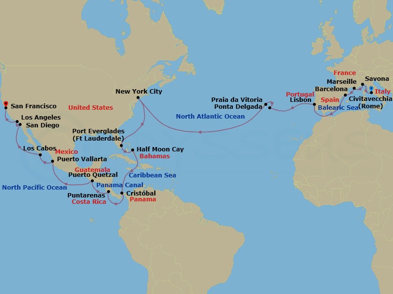40 Night - Round World from Civitavecchia - Costa Deliziosa - Starting in Civitavecchia (Rome), Savona, Marseille, Barcelona, Lisbon, Ponta Delgada (Azores), Praia da Vitoria (Azores), New York, Port Everglades, Half Moon Cay, Panama City, Puntarenas, Puerto Quetzal, Puerto Vallarta, Cabo San Lucas, San Diego, Los Angeles, San Francisco itinerary map