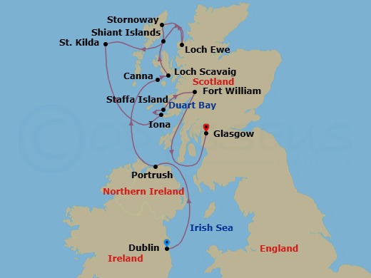 9 Night - Hebrides and Highlands, Lands of Legends - Le Lyrial - Starting in Dublin, Portrush, Canna, Hebrides, Loch Scavaig, Sailing along Shiant Islands, Loch Ewe, Stornoway, Hebrides, Saint Kilda, Hebrides, Iona, Hebrides, Staffa, Fort William, Duart Bay, Glasgow, Scotland itinerary map