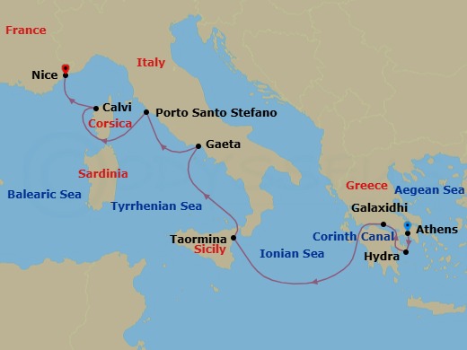 8 Night - Wandering the Mediterranean - Le Bougainville - Starting in Athens, Hydra, Crossing the Corinth Canal, Galaxidi, Taormina, Sicily, Gaeta, Porto Santo Stefano, Calvi, Corsica, Nice itinerary map