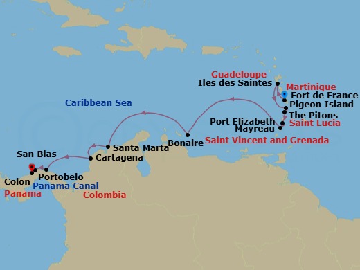 12 Night - Panama, Colombia & Caribbean Islands - Le Bellot - Starting in Fort-de-France, Les Saintes, Pigeon Island Beach, Sailing along the Pitons, Port Elizabeth VC, Bequia Island, Mayreau Island, Bonaire, Santa Marta, Cartagena CO, San Blas Islands, Portobelo, Colon itinerary map