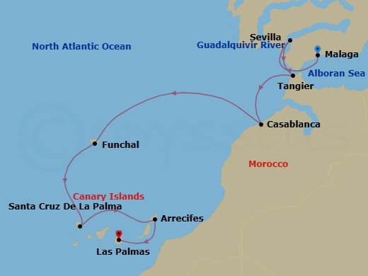 10 Night - Atlantic Odyssey from the Iberian Peninsula to the Canary Islands - Le Dumont-d'Urville - Starting in Malaga, Sevilla, Tangier, Casablanca, Funchal, Madeira, Santa Cruz de La Palma, Arrecife de Lanzarote, Canary Islands, Las Palmas de Gran Canaria, Canary Islands itinerary map