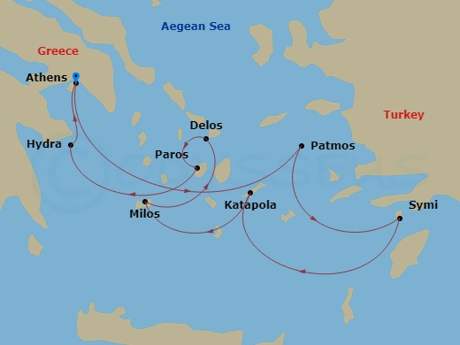7 Night - At the Heart of the Greek Islands - Le Dumont-d'Urville - Starting in Athens, Patmos, Symi, Amorgos, Sailing in the Santorini Caldera, Adamas, Milos, Delos, Paros, Hydra, Athens itinerary map