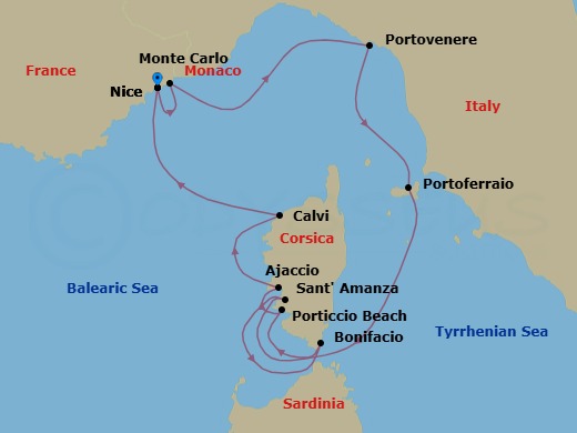 7 Night - Ligurian Sea - Royal Clipper - Starting in Nice, France, Monaco, Porto Venere, Italy, Portoferraio / Elba, Italy, Santamanza Beach / Corsica, France, Bonifacio / Corsica, France, Porticcio Beach / Corsica, France, Ajaccio / Corsica, France, Calvi / Corsica, France, Nice, France itinerary map