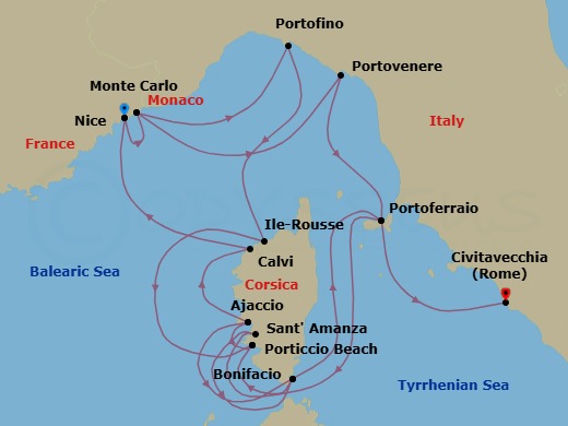 14 Night - Grand Voyage : Nice to Rome - Royal Clipper - Starting in Nice, France, Monaco, Porto Venere, Italy, Portoferraio / Elba, Italy, Santamanza Beach / Corsica, France, Bonifacio / Corsica, France, Porticcio Beach / Corsica, France, Ajaccio / Corsica, France, Calvi / Corsica, France, Nice, France, Monaco, Portofino, Italy, Lile Rousse / Corsica, France, Porticcio Beach / Corsica, France, Ajaccio / Corsica, France, Bonifacio / Corsica, France, Portoferraio / Elba, Italy, Civitavecchia (Port for Rome), Italy itinerary map