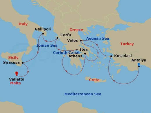 10 Night - The Mediterranean : in the Footsteps of Great Civilisations - Le Dumont-d'Urville - Starting in Antalya, Alanya, Kusadasi, Volos, Athens (Lavrio), Crossing the Corinth Canal, Itea, Corfu, Gallipoli, Syracuse IT, Sicily, Valletta itinerary map