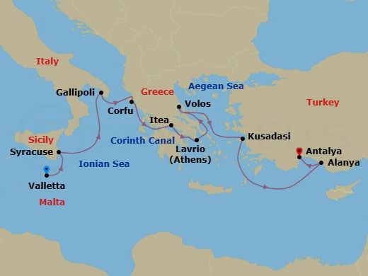 10 Night - The Mediterranean : in the Footsteps of Great Civilisations - Le Dumont-d'Urville - Starting in Valletta, Syracuse IT, Sicily, Gallipoli, Corfu, Crossing the Corinth Canal, Itea, Athens (Lavrio), Volos, Kusadasi, Alanya, Antalya itinerary map