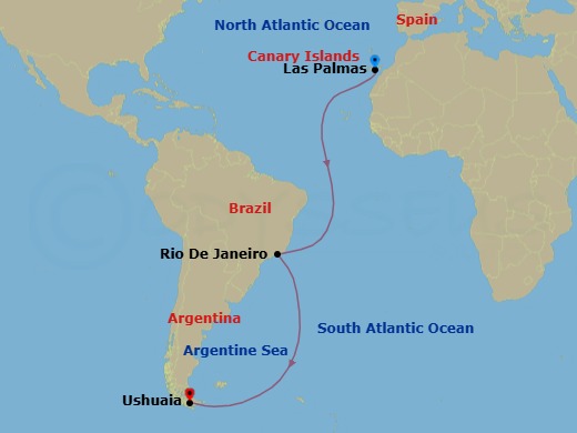 21 Night - Ocean Voyage : Las Palmas - Ushuaia - Le Boreal - Starting in Las Palmas de Gran Canaria, Canary Islands, Rio De Janeiro, Ushuaia itinerary map