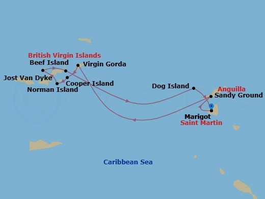 7 Night - Reverie Under Sail in the Heart of the Lesser Antilles - Le Ponant - Starting in Marigot, Sandy Island, Anguilla, Virgin Gorda, Cooper Island, Norman Island, Jost Van Dyke, Beef Island, Dog Island, Anguilla, Marigot itinerary map