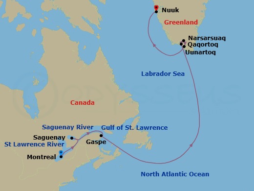 14 Night - From the St Lawrence to Greenland, the Last Moments of Winter - Le Commandant Charcot - Starting in Montreal, Sailing Saguenay River, Exploring River Saint Lawrence, Saguenay, Exploring River Saint Lawrence, Gaspe, Sailing Saint Lawrence Gulf, Crossing Belle Isle Strait, Qaqortoq, Narsarsuaq Region, Uunartoq, Nuuk itinerary map
