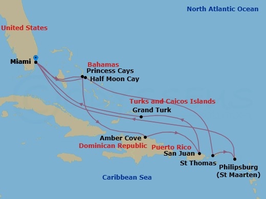 14 Night - Eastern Caribbean Adventurer with Celebration Key - Regal Princess - Starting in Miami, Florida, Celebration Key, Bahamas, Amber Cove, Dominican Republic, San Juan, Puerto Rico, Grand Turk, Turks and Caicos, Miami, Florida, Relaxaway, Half Moon Cay, St Thomas, US Virgin Islands, St Maarten, Miami, Florida itinerary map