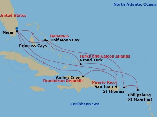 14 Night - Eastern Caribbean Adventurer with Celebration Key - Regal Princess - Starting in Miami, Florida, Amber Cove, Dominican Republic, San Juan, Puerto Rico, Grand Turk, Turks and Caicos, Celebration Key, Bahamas, Miami, Florida, Relaxaway, Half Moon Cay, St Thomas, US Virgin Islands, St Maarten, Miami, Florida itinerary map