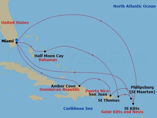 14 Night - Eastern Caribbean Adventurer - Regal Princess - Starting in Miami, Florida, St Kitts, San Juan, Puerto Rico, Amber Cove, Dominican Republic, Miami, Florida, Relaxaway, Half Moon Cay, St Thomas, US Virgin Islands, St Maarten, Miami, Florida itinerary map