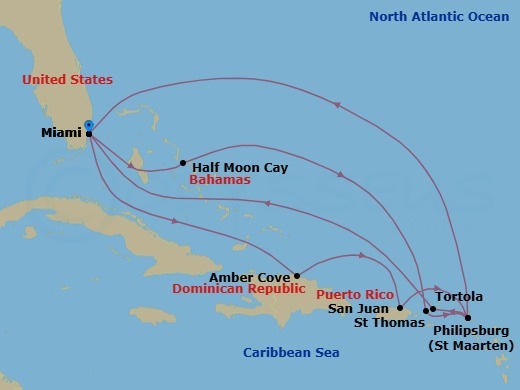 15 Night - Eastern Caribbean Adventurer - Regal Princess - Starting in Miami, Florida, Amber Cove, Dominican Republic, San Juan, Puerto Rico, St Maarten, Tortola, British Virgin Islands, Miami, Florida, Relaxaway, Half Moon Cay, St Thomas, US Virgin Islands, St Maarten, Miami, Florida itinerary map