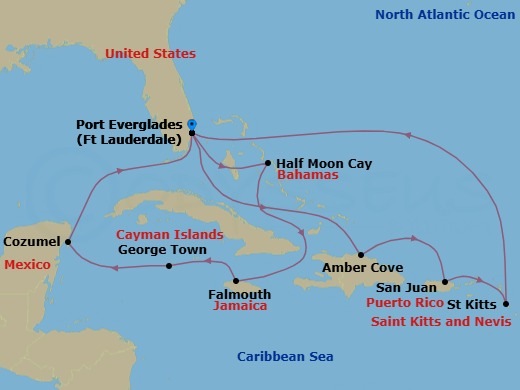 14 Night - Eastern / Western Caribbean Adventurer - Sky Princess - Starting in Fort Lauderdale, Florida, Relaxaway, Half Moon Cay, Falmouth, Jamaica, Grand Cayman, Cayman Islands, Cozumel, Mexico, Fort Lauderdale, Florida, Amber Cove, Dominican Republic, San Juan, Puerto Rico, St Kitts, Fort Lauderdale, Florida itinerary map
