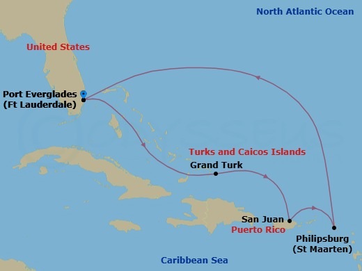 7 Night - Eastern Caribbean with Relaxaway, Half Moon Cay - Sky Princess - Starting in Fort Lauderdale, Florida, Grand Turk, Turks and Caicos, San Juan, Puerto Rico, St Maarten, Fort Lauderdale, Florida itinerary map