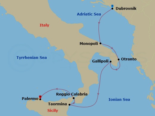 7 Night - Under Sail from Puglia to Sicily - Le Ponant - Starting in Dubrovnik, Croatia, Monopoli, Otranto, Gallipoli, Taormina, Sicily, Reggio di Calabria, Palermo, Sicily itinerary map