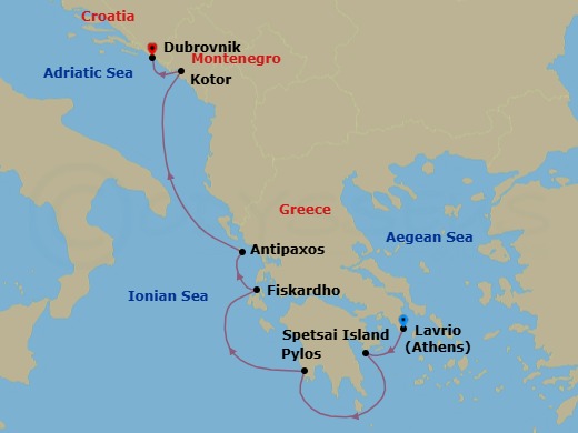 7 Night - Island Hopping from Athens to Dubrovnik - Le Ponant - Starting in Athens (Lavrio), Spetses, Pylos, Fiskardo, Cephalonia, Paxos, Sailing in the Bay of Kotor, Kotor, Dubrovnik, Croatia itinerary map
