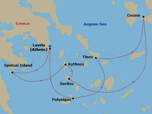 7 Night - The Cyclades, in the Wake Of - Le Ponant - Starting in Athens (Lavrio), Polyaigos, Tinos, Cesme, Serifos, Kythnos, Spetses, Athens (Lavrio) itinerary map