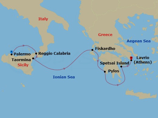 7 Night - Under Sail from Sicily to the Greek Islands - Le Ponant - Starting in Palermo, Sicily, Reggio di Calabria, Taormina, Sicily, Fiskardo, Cephalonia, Pylos, Spetses, Athens (Lavrio) itinerary map