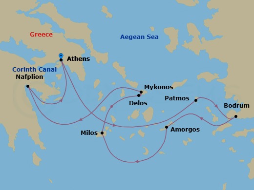 7 Night - Cruising the Greek Islands of the Southern Aegean - with Smithsonian Journeys - Le Dumont-d'Urville - Starting in Athens, Patmos, Bodrum, Amorgos, Sailing in the Santorini Caldera, Adamas, Milos, Delos, Mykonos, Nafplion, Athens itinerary map