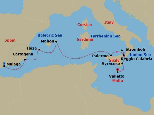 9 Night - From the Iberian Shores to the Italian Coast - Le Dumont-d'Urville - Starting in Malaga, Cartagena ES, Ibiza, Balearic Islands, Mahon, Balearic Islands, Palermo, Sicily, Reggio di Calabria, Sailing in front of Stromboli, Syracuse IT, Sicily, Valletta itinerary map